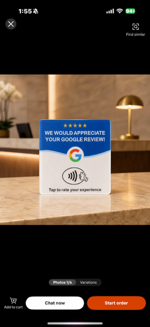 Square blue and white review display reading “We would appreciate your Google review!” with a contactless tap symbol and “Tap to rate your experience”.